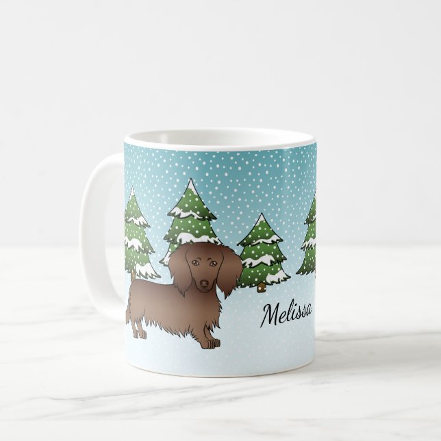 Chocolate Long Hair Cute Dachshund - Winter Forest Coffee Mug (Front Left)