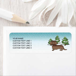 Chocolate Long Hair Cute Dachshund - Winter Forest Label
