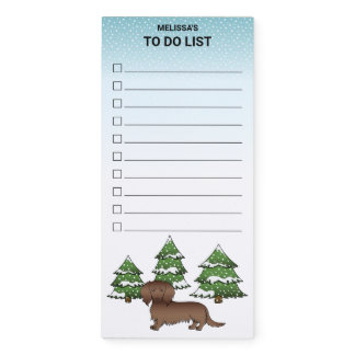 Chocolate Long Hair Cute Dachshund - Winter Forest Magnetic Notepad
