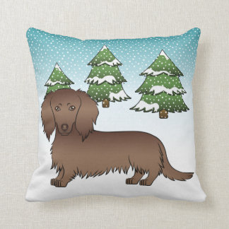 Chocolate Long Hair Cute Dachshund - Winter Forest Throw Pillow