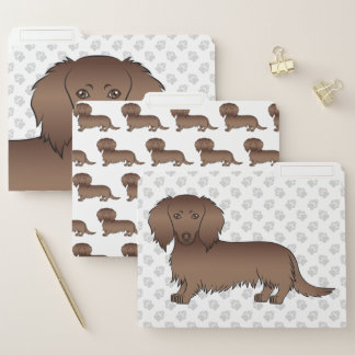 Chocolate Long Hair Dachshund Cartoon Dog File Folder