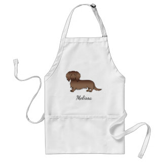 Chocolate Long Hair Dachshund Cartoon Dog &amp; Name Adult Apron