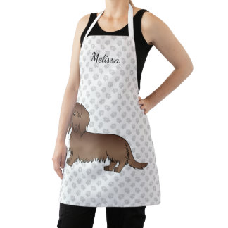 Chocolate Long Hair Dachshund Cartoon Dog &amp; Name Apron