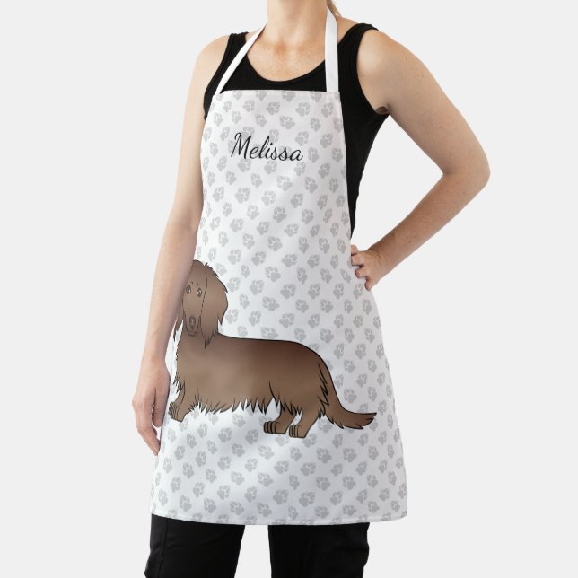 Chocolate Long Hair Dachshund Cartoon Dog & Name Apron (Insitu)