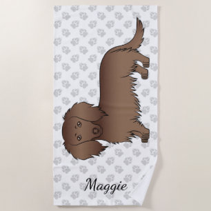 Chocolate Long Hair Dachshund Cartoon Dog & Name Beach Towel