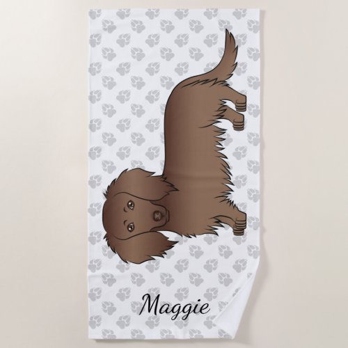 Chocolate Long Hair Dachshund Cartoon Dog  Name Beach Towel