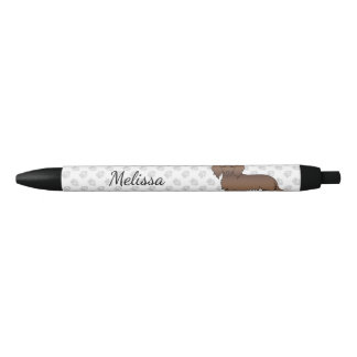 Chocolate Long Hair Dachshund Cartoon Dog &amp; Name Black Ink Pen