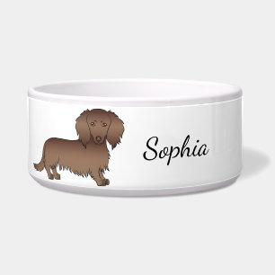 Chocolate Long Hair Dachshund Cartoon Dog & Name Bowl