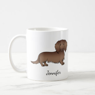 Chocolate Long Hair Dachshund Cartoon Dog & Name Coffee Mug