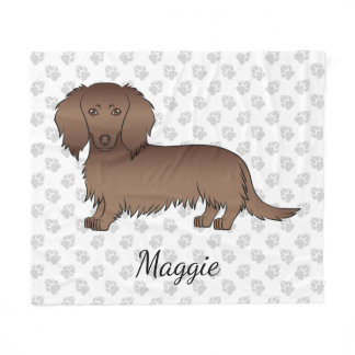 Chocolate Long Hair Dachshund Cartoon Dog &amp; Name Fleece Blanket