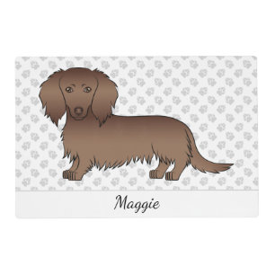 Chocolate Long Hair Dachshund Cartoon Dog & Name Placemat