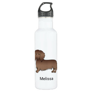 Chocolate Long Hair Dachshund Cartoon Dog &amp; Name Stainless Steel Water Bottle