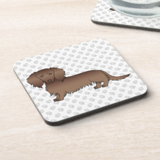 Chocolate Long Hair Dachshund Cartoon Dog &amp; Paws Beverage Coaster