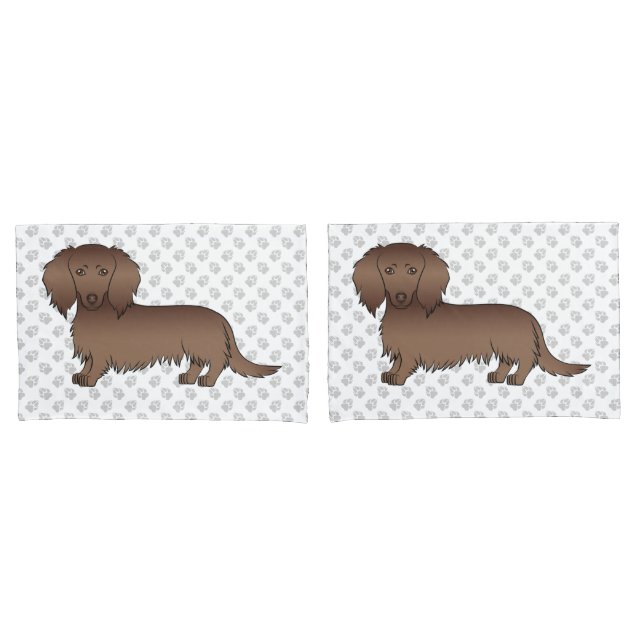 Chocolate Long Hair Dachshund Cartoon Dog & Paws Pillow Case (Front-Set)