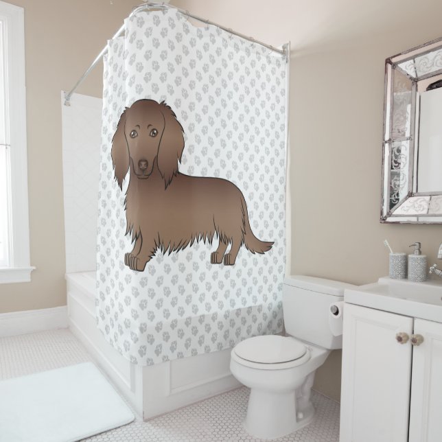 Chocolate Long Hair Dachshund Cartoon Dog & Paws Shower Curtain (In Situ)
