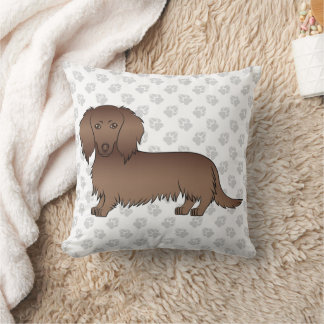 Chocolate Long Hair Dachshund Cartoon Dog &amp; Paws Throw Pillow