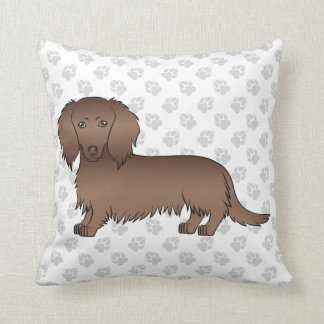 Chocolate Long Hair Dachshund Cartoon Dog &amp; Paws Throw Pillow