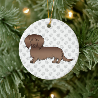 Chocolate Long Hair Dachshund Cartoon Dog &amp; Text Ceramic Ornament