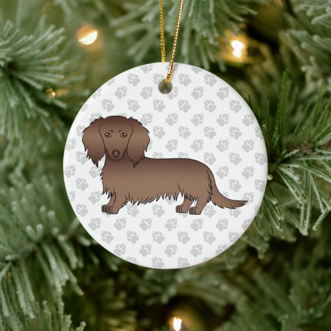 Chocolate Long Hair Dachshund Cartoon Dog & Text Ceramic Ornament (Tree)