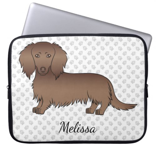 Chocolate Long Hair Dachshund Cartoon Dog  Text Laptop Sleeve