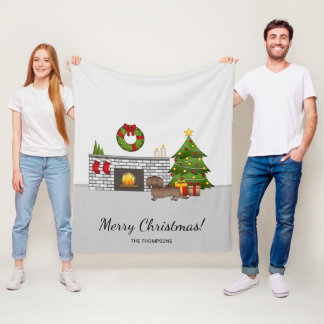 Chocolate Long Hair Dachshund - Christmas Room Fleece Blanket