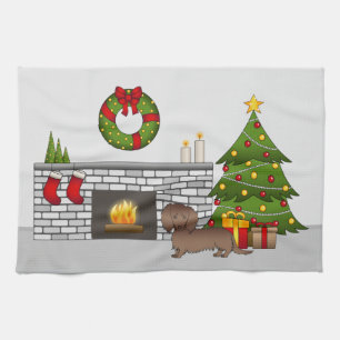 Chocolate Long Hair Dachshund - Christmas Room Kitchen Towel