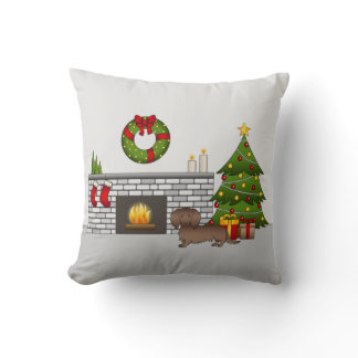 Chocolate Long Hair Dachshund - Christmas Room Throw Pillow