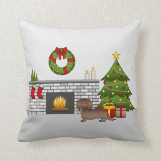 Chocolate Long Hair Dachshund - Christmas Room Throw Pillow