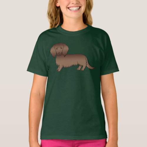 Chocolate Long Hair Dachshund Cute Cartoon Dog T_Shirt