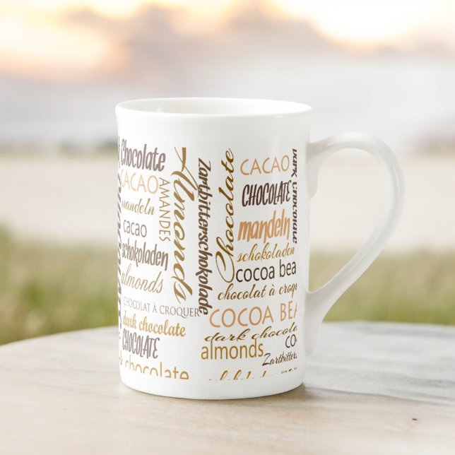 Chocolate Lovers Multilingual Typography In Brown Bone China Mug (word cloud design on both sides of the handle)
