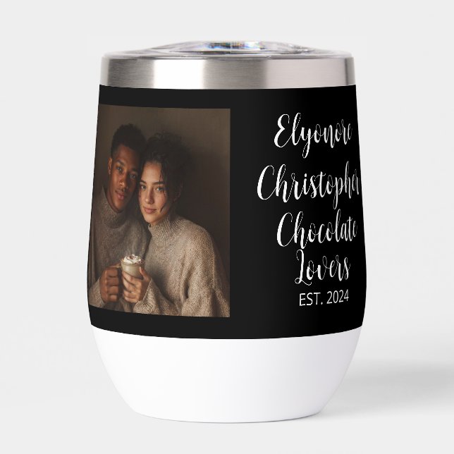 Chocolate Lovers Personalized Names Est. Photo Thermal Wine Tumbler (Front)