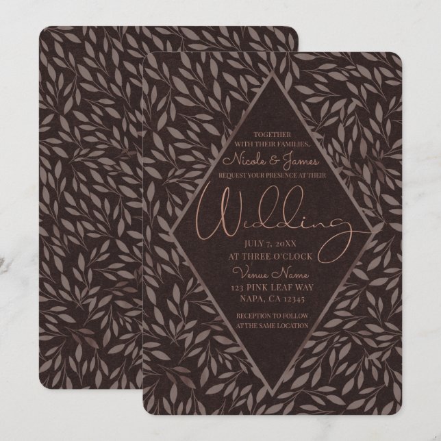 Chocolate Mauve Pink Leaves Botanical Wedding Invitation (Front/Back)