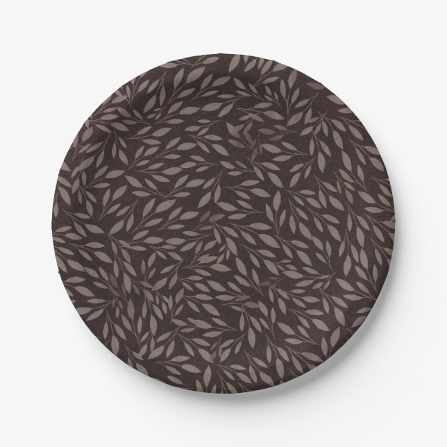 Chocolate Mauve Pink Leaves Botanical Wedding Paper Plates (Front)