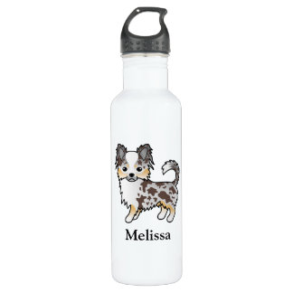 Chocolate Merle Long Coat Chihuahua Dog &amp; Name Stainless Steel Water Bottle