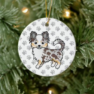 Chocolate Merle Long Coat Chihuahua Dog &amp; Paws Ceramic Ornament