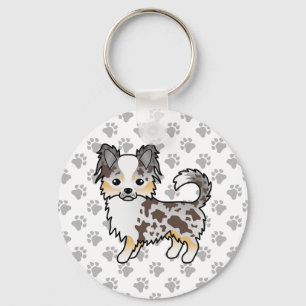 Chocolate Merle Long Coat Chihuahua Dog & Paws Keychain