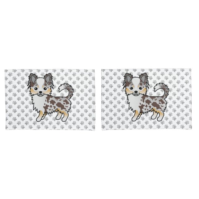 Chocolate Merle Long Coat Chihuahua Dog & Paws Pillow Case (Front-Set)