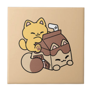 Chocolate Milk Sipping on Bliss – Kawaii Cat Food Ceramic Tile