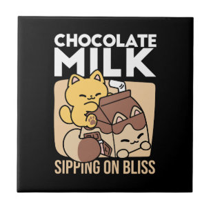 Chocolate Milk Sipping on Bliss – Kawaii Cat Food Ceramic Tile