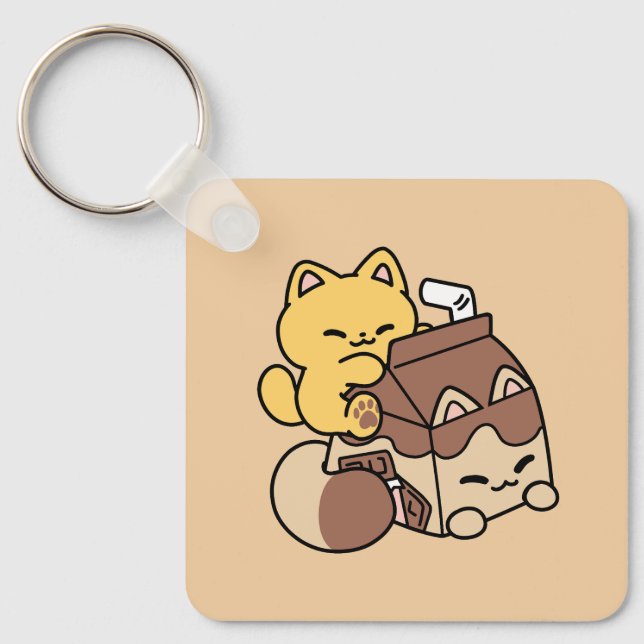 Chocolate Milk Sipping on Bliss – Kawaii Cat Food  Keychain (Front)
