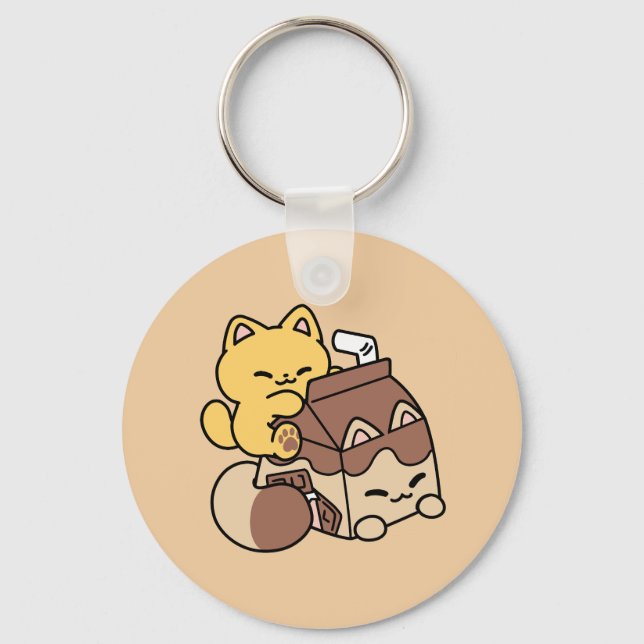 Chocolate Milk Sipping on Bliss – Kawaii Cat Food  Keychain (Front)