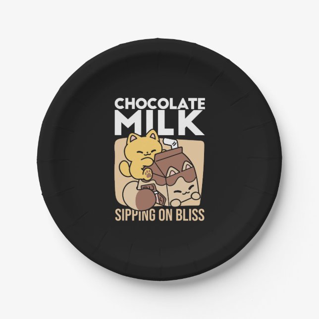 Chocolate Milk Sipping on Bliss – Kawaii Cat Food  Paper Plates (Front)