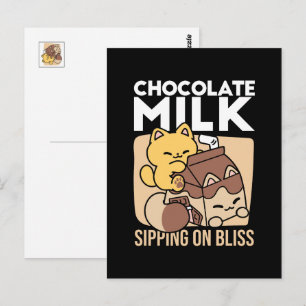 Chocolate Milk Sipping on Bliss – Kawaii Cat Food Postcard