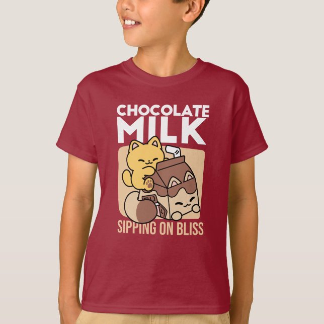 Chocolate Milk Sipping on Bliss – Kawaii Cat Food  T-Shirt (Front)