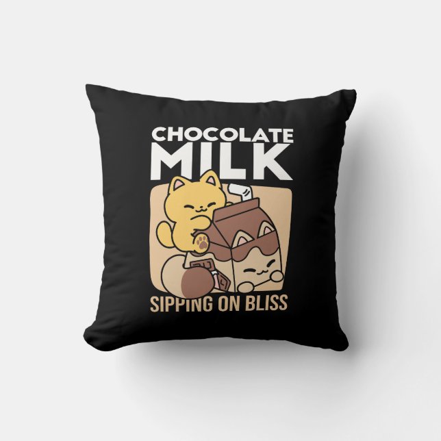 Chocolate Milk Sipping on Bliss – Kawaii Cat Food  Throw Pillow (Front)