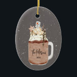 Chocolate Milkshake Christmas Holiday Ceramic Orna Ornament<br><div class="desc">Illustration of a chocolate milkshake topped with caramel,  fudge,  snowflake Christmas cookie,  sprinkles,  whipped cream,  and marshmallow snowman.  Background is graywith snow speckle design.  Personalize with your name and year.</div>