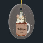 Chocolate Milkshake Christmas Holiday Ceramic Orna Ornament<br><div class="desc">Illustration of a chocolate milkshake topped with caramel,  fudge,  snowflake Christmas cookie,  sprinkles,  whipped cream,  and marshmallow snowman.  Background is graywith snow speckle design.  Personalize with your name and year.</div>