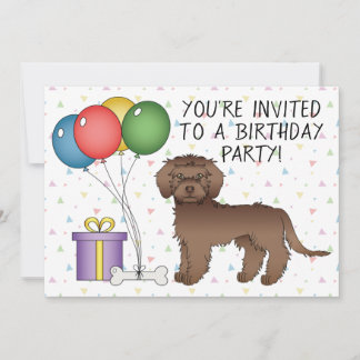 Chocolate Mini Goldendoodle Cartoon Dog Birthday Invitation