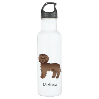 Chocolate Mini Goldendoodle Cartoon Dog &amp; Name Stainless Steel Water Bottle