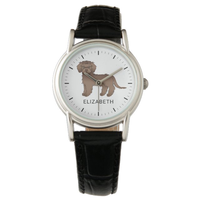Chocolate Mini Goldendoodle Cartoon Dog & Name Watch (Front)